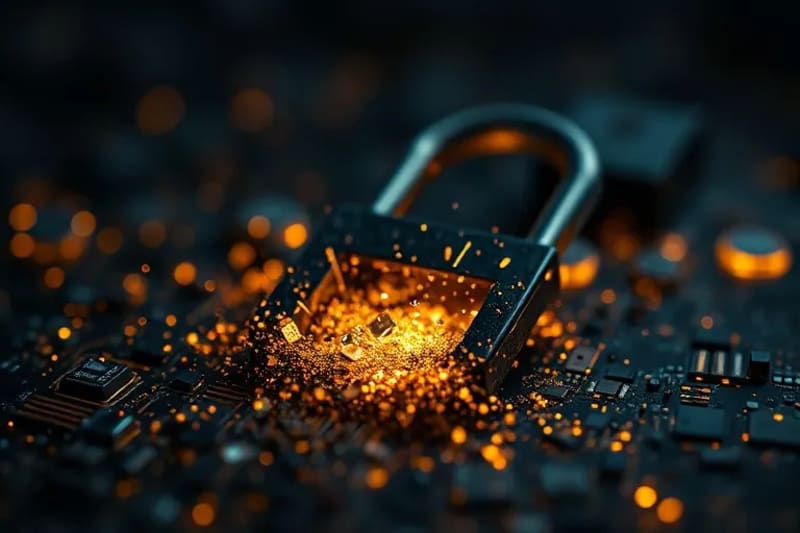 Abstract shattered digital lock symbolizing the vulnerability of current encryption methods to quantum computing attacks.