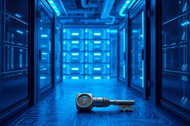 Secure data center with glowing quantum elements, symbolizing robust and future-proof cybersecurity infrastructure.