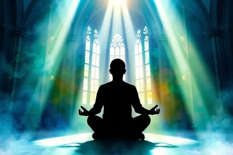 Silueta humana en meditación, rodeada de colores acuarela que evocan paz interior