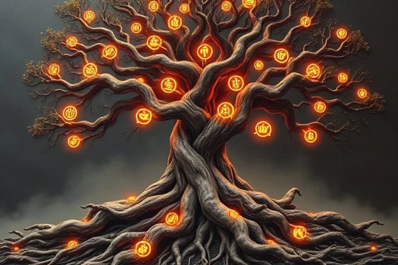 Árbol antiguo con raíces profundas y ramas que se transforman en nodos luminosos, simbolizando sabiduría y conexión espiritual