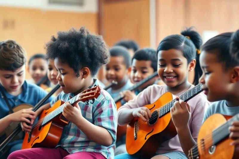 Niños aprendiendo música en un aula