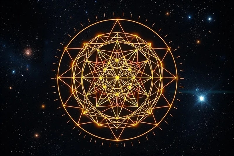 A complex, glowing 3D rendered structure of interconnected platonic solids and the Flower of Life, representing the universe's geometric blueprint and cosmic significance.