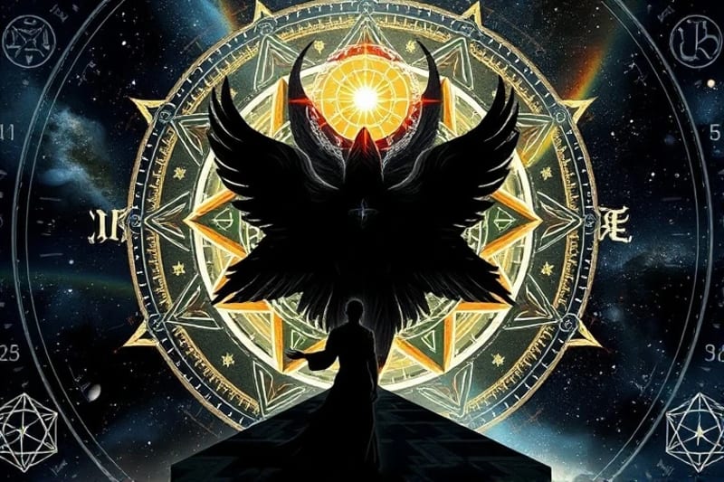 Stylized depiction of confronting inner darkness and moving towards light