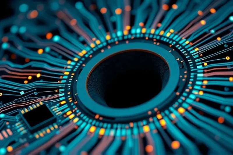 Abstract 3D render of a computational cosmology simulation with glowing lines and a geometric black hole