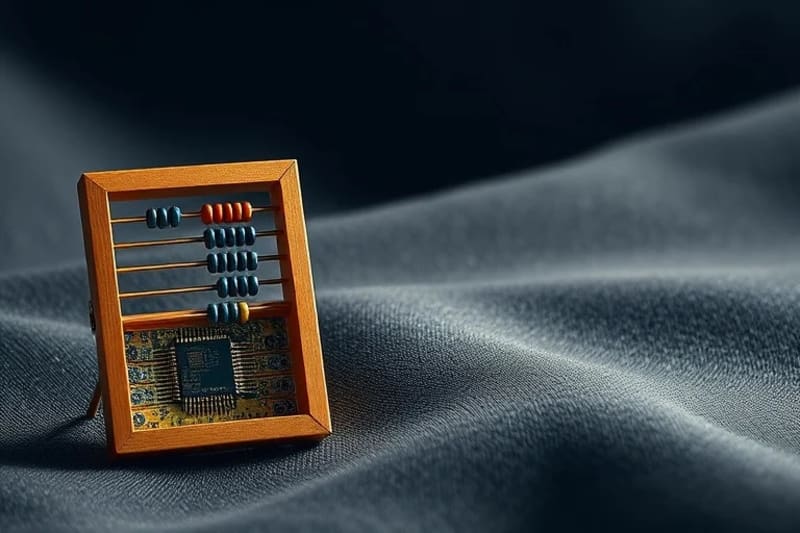 Minimalist still life of a vintage abacus and a futuristic quantum computer chip on a spacetime fabric