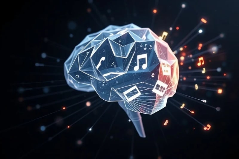 Cerebro estilizado emitiendo símbolos musicales conectados a interfaz digital