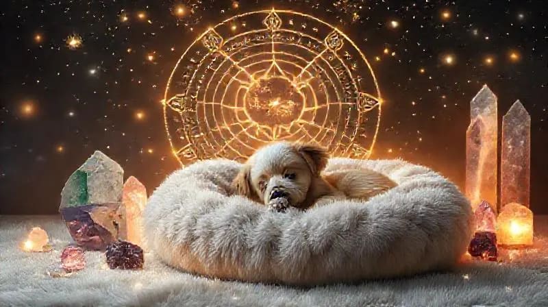 Cristales de cuarzo, amatista y rosa cerca de un espacio de descanso para mascotas