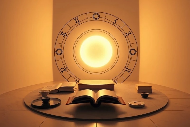 A serene 3D rendered meditation space with a glowing sphere representing consciousness, surrounded by subtle planetary orbits and symbolic objects like an ancient coin, a scrying mirror, and a modern journal, illustrating the blend of ancient and contemporary spiritual tools.