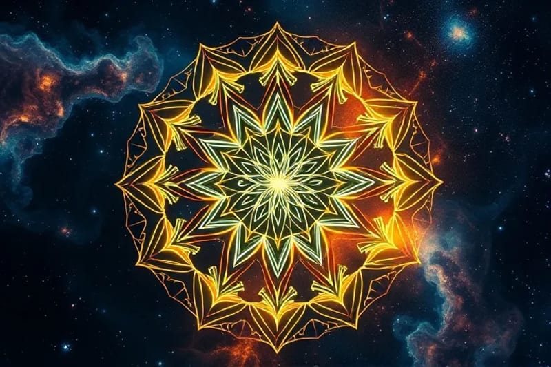 Patrones complejos de geometría sagrada digital proyectados sobre una superficie interactiva, con un brillo sutil y colores vibrantes que evocan tranquilidad y orden cósmico.