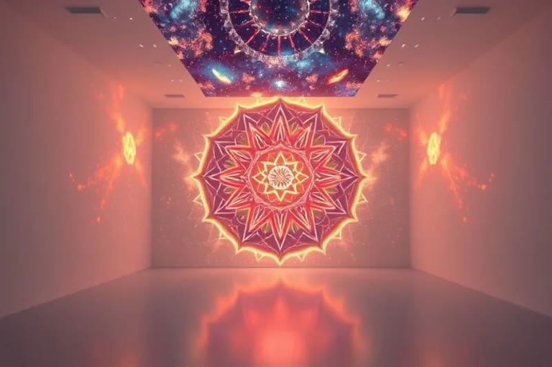 Una sala de estar moderna con proyecciones de luz holográfica en las paredes y el techo, mostrando intrincados patrones geométricos que se fusionan con la decoración, creando un ambiente futurista y sereno.