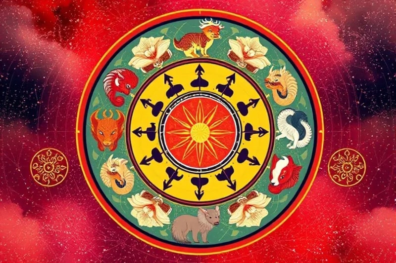 Abstract digital painting of twelve Chinese zodiac animals forming a cosmic wheel, symbolizing interconnectedness and spiritual energy.