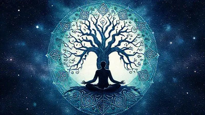 Watercolor illustration of a person meditating under a stylized tree, with roots intertwining with subtle Chinese zodiac symbols, representing personal growth and integration of ancient wisdom.