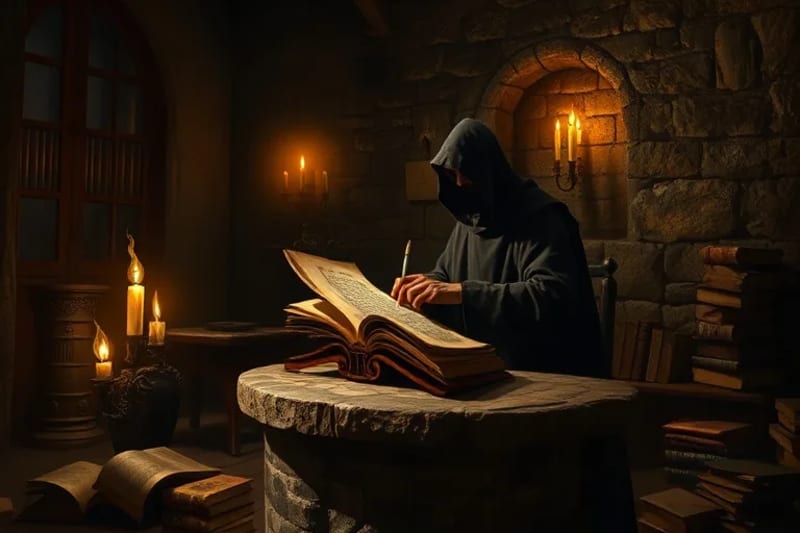 Monje o monja en un scriptorium medieval, estudiando textos antiguos a la luz de una vela, con pergaminos y libros esparcidos.