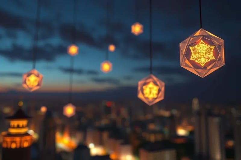 Orbes de luz fragmentados y brillantes flotando sobre una ciudad moderna al anochecer, simbolizando advertencias olvidadas.