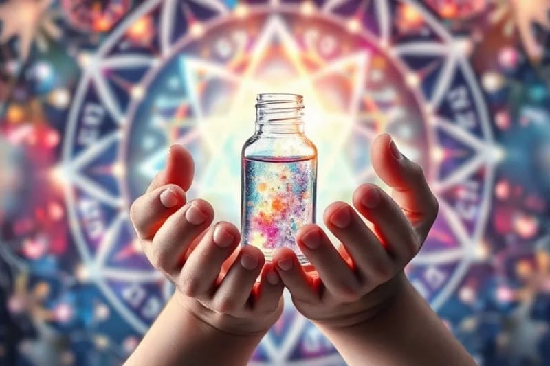 Manos sosteniendo un frasco de elixir con luz etérea