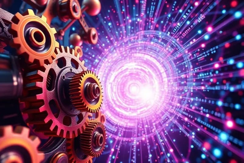 Ilustración digital de engranajes mecánicos entrelazados con orbes cuánticos luminosos, conectados por líneas de código binario, simbolizando la evolución de la computación.