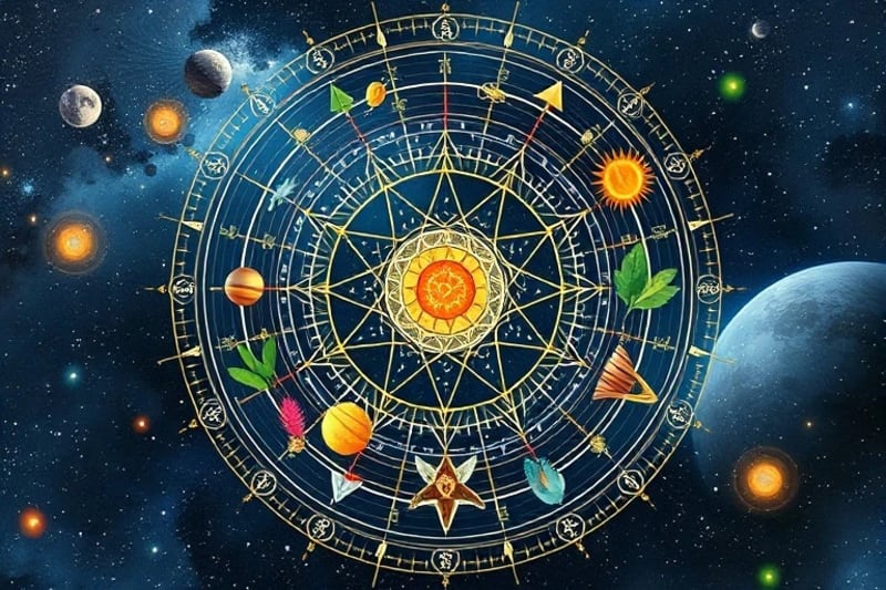 Watercolor illustration of plants with planetary symbols