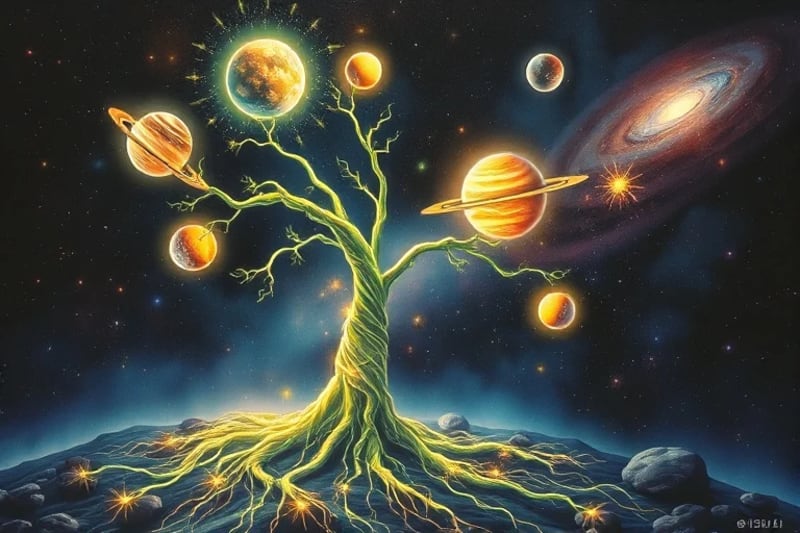 3D render of a plant's energetic field connected to planets