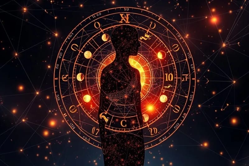 Representación estilizada de un ser humano y las fases lunares en un entorno digital interconectado.