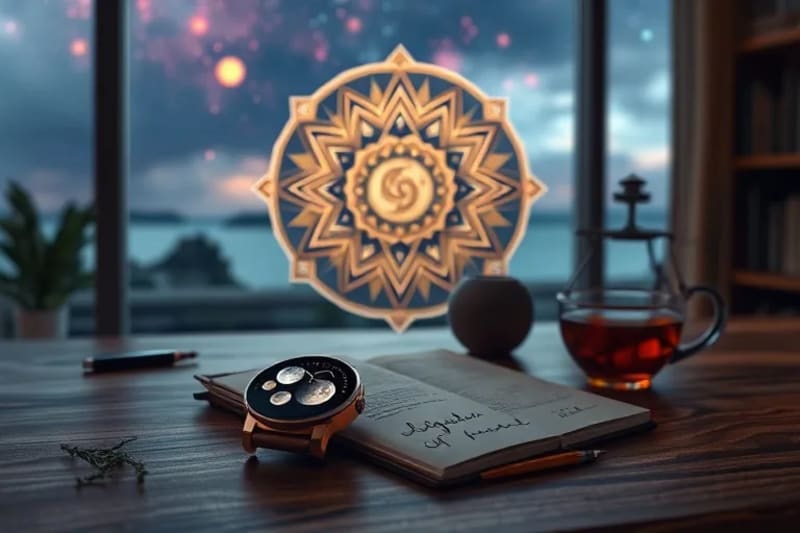 Reloj inteligente mostrando fases lunares sobre un escritorio de nómada digital.