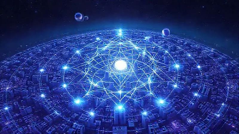 Abstract 3D render showing planetary alignments influencing a city grid