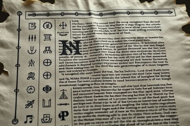 Antiguo pergamino con símbolos y una interfaz holográfica de IA
