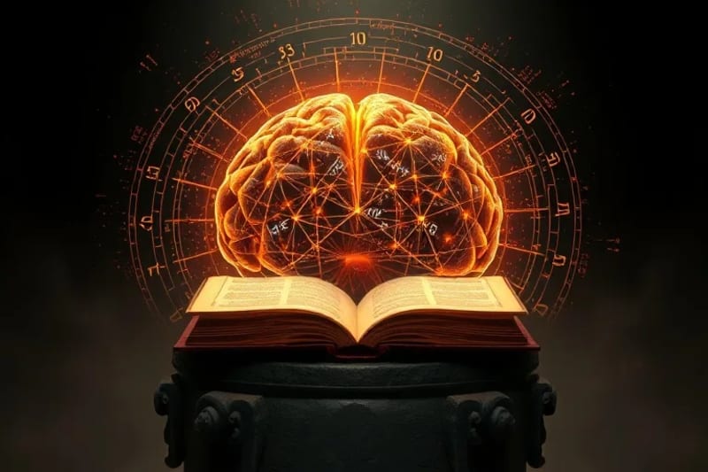 Estructura cerebral digital con símbolos místicos flotando