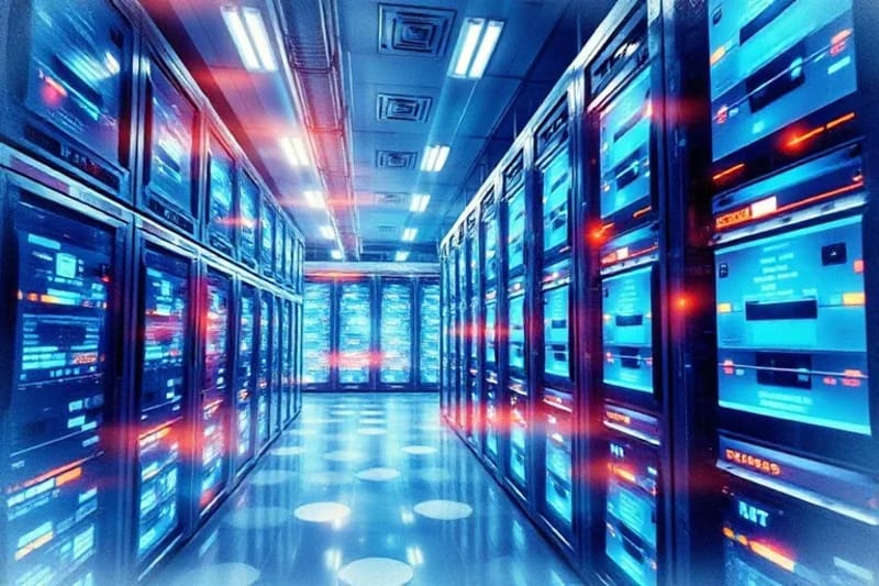 Representación de un centro de datos futurista con proyecciones holográficas de datos cifrados y barreras de seguridad digitales.