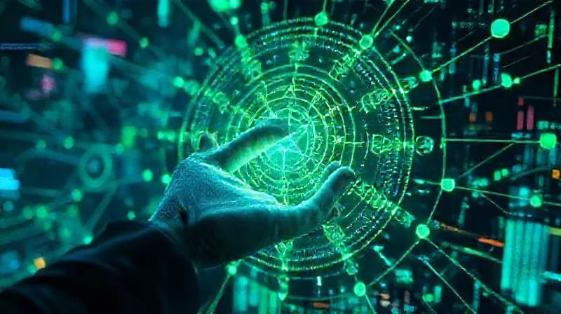 Representación abstracta de IA analizando datos urbanos con patrones de geometría sagrada