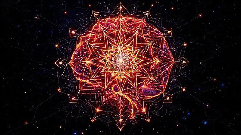 Stylized brain connected to glowing geometric and alchemical patterns