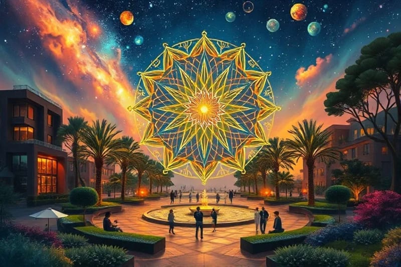Parque urbano armonizado con elementos de geometría sagrada y personas interactuando pacíficamente