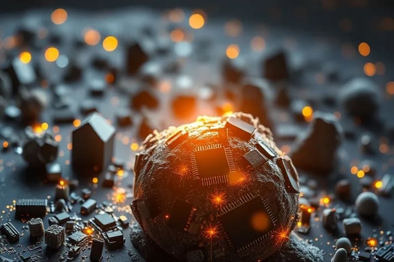 Representación 3D de documentos legales holográficos flotando alrededor de asteroides metálicos, con pequeños equipos de minería visible, simbolizando la regulación de la extracción de recursos en el espacio.