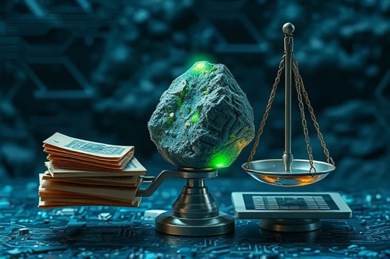 Pintura digital abstracta de una herramienta de minería futurista extrayendo recursos brillantes de un asteroide, equilibrada en una balanza legal junto a pergaminos y una tableta digital, simbolizando la intersección de tecnología, ley y recursos.