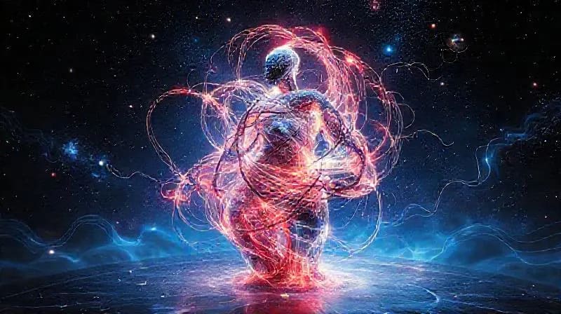 Abstract sculpture of light trails and fractals, forming a humanoid shape in cosmic void