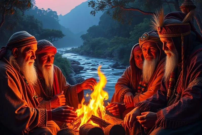Ancianos indígenas compartiendo sabiduría alrededor de un fuego sagrado