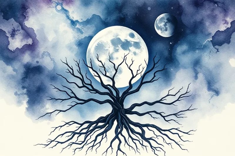 Fases lunares y raíces ancestrales, acuarela
