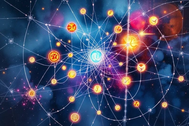 Red cósmica de energía, orbes brillantes, 3D render abstracto