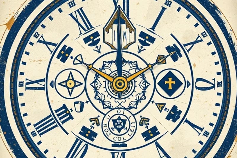 Reloj con símbolos espirituales, representando la santificación del tiempo a través de la Liturgia de las Horas.