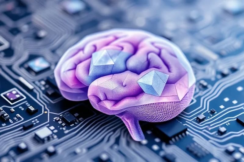 Ilustración acuarela de un cerebro humano entrelazado con formas geométricas y circuitos abstractos, simbolizando la compleja relación entre la conciencia biológica y la inteligencia artificial.