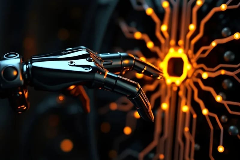 Renderizado 3D de una mano robótica de metal pulido que interactúa delicadamente con un cúmulo de nodos neuronales brillantes y orgánicos, simbolizando la conexión entre lo artificial y lo biológico en un entorno futurista.