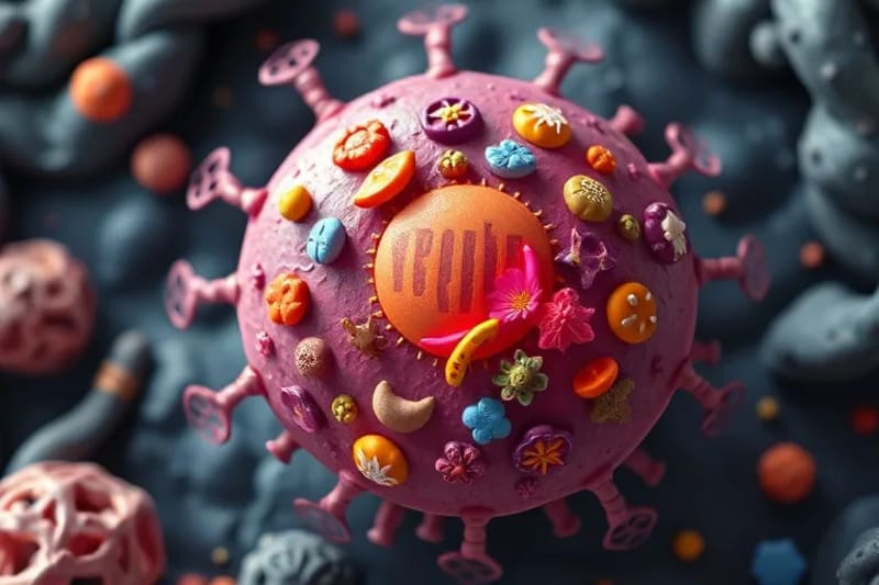 A detailed illustration of a human cell with various epigenetic markers like methylation tags and histone modifications interacting with a DNA strand, surrounded by symbols representing environmental factors like diet, stress, and pollution.