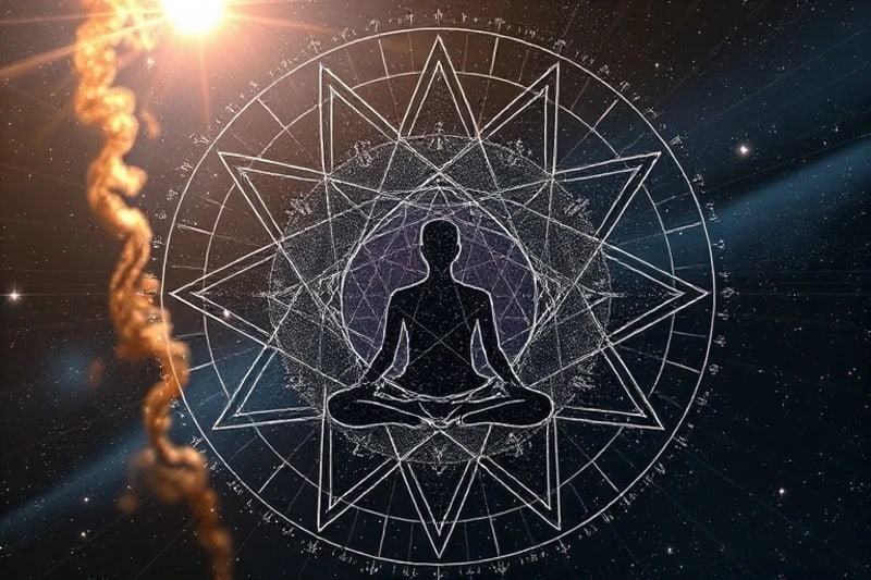 A stylized, abstract representation of interconnectedness, featuring subtle energy lines, cosmic dust, and human figures in a meditative state, symbolizing the holistic integration of mind, body, and spirit with the universe.
