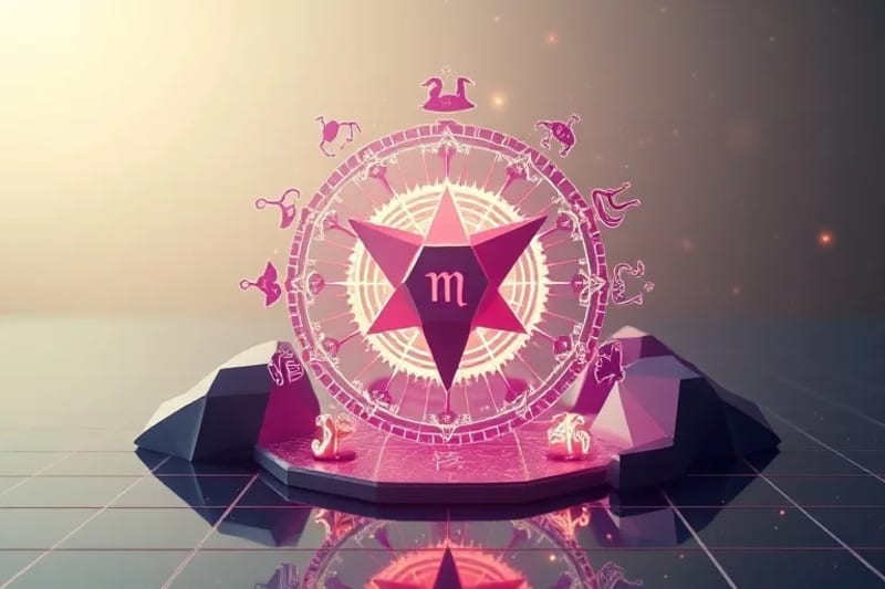 Antiguos símbolos astrológicos y zodiacales emergiendo de una cuadrícula digital futurista, entrelazados con iconos modernos.