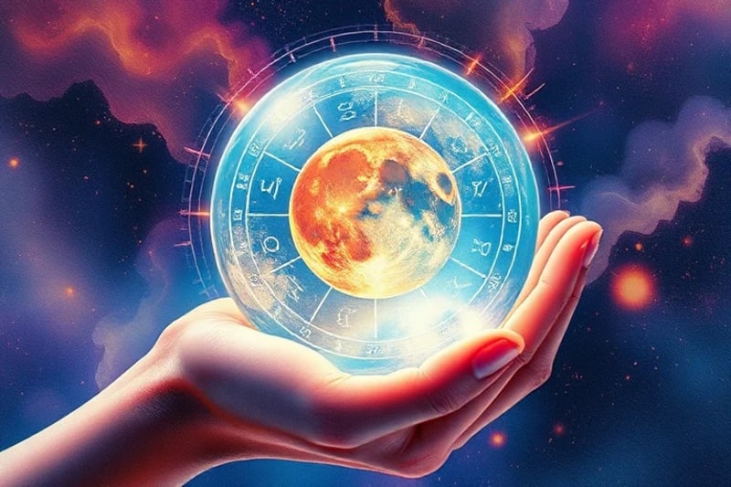 Hand holding crystal ball reflecting lunar mansions