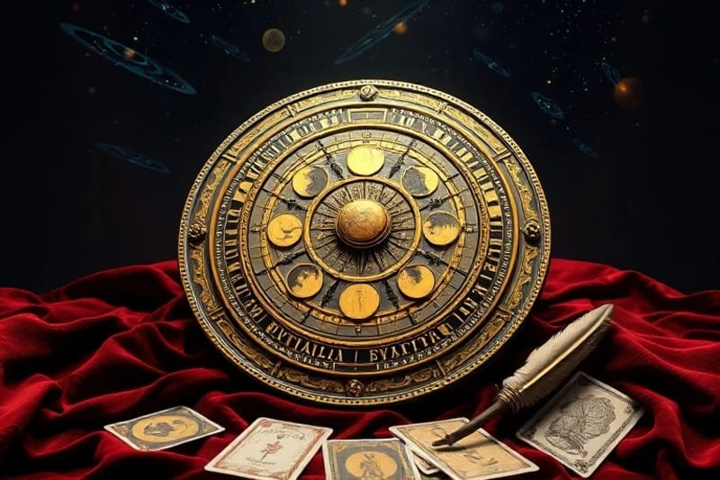 Antique astrolabe with tarot cards and quill