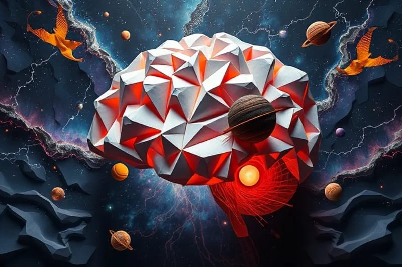 Conceptual art blending cosmic elements with neural networks, symbolizing the connection between the universe and the human mind's subconscious depths.