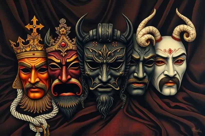 A collection of ancient, symbolic masks representing various Jungian archetypes: the wise elder, the playful child, the shadow, and the hero, arranged on a textured fabric with dramatic lighting.