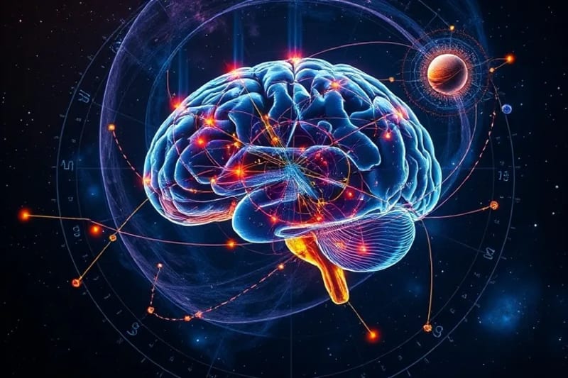 Representación conceptual de la interconexión entre el cerebro humano y el cosmos, con vías neuronales luminosas y galaxias entrelazadas.