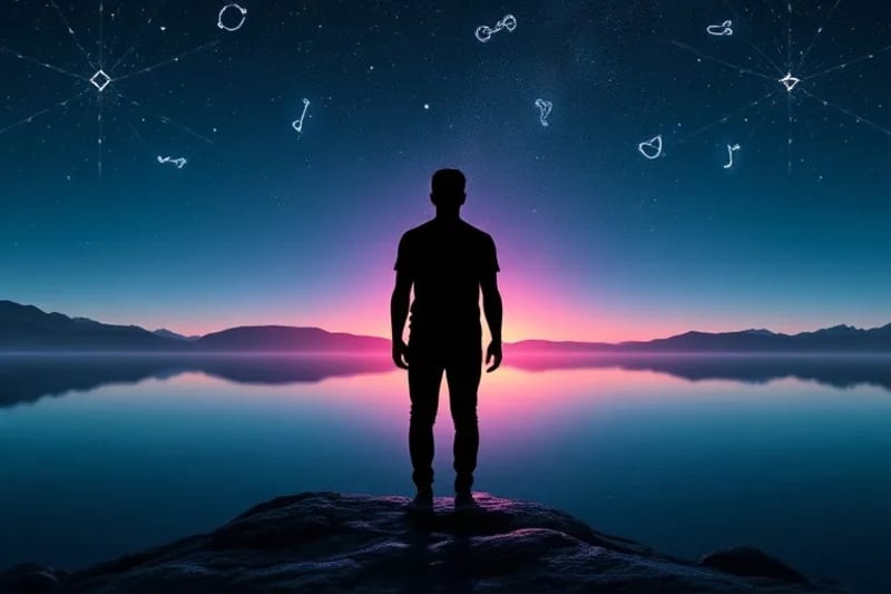 A surreal, dreamlike landscape with a figure gazing at their distorted reflection in a still lake, surrounded by subtle astrological symbols in the night sky, representing the subconscious and shadow integration.