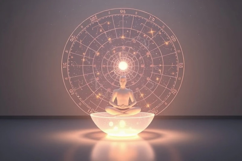 Espacio de meditación sereno con proyección holográfica de una figura meditando y esferas planetarias.